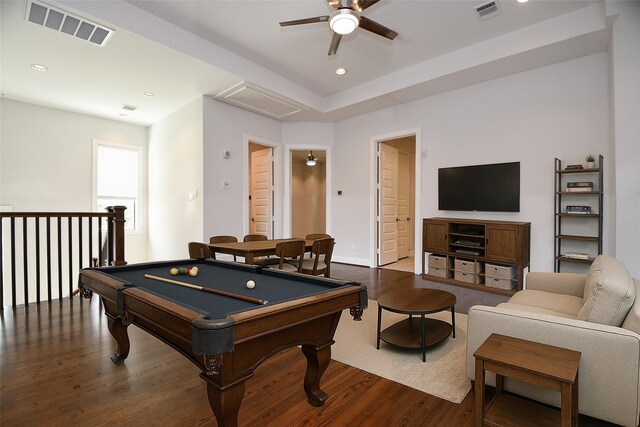 11028 Avenu Malkenu Ave, Houston, TX 77043 - rec room with wood finished floors, a ceiling fan, billiards, recessed lighting, and baseboards