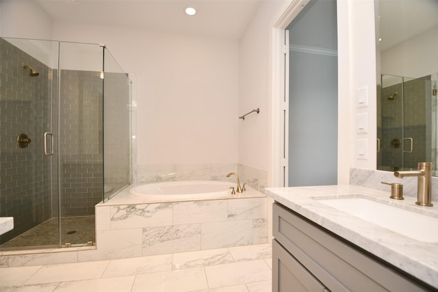 11028 Avenu Malkenu Ave, Houston, TX 77043 - full bathroom with a shower stall, a bath, marble finish flooring, vanity, and recessed lighting