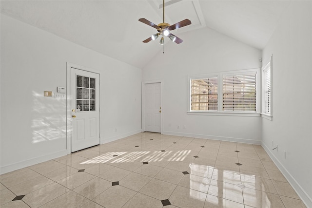 1015 Flagmore Dr, Katy, TX 77450 - unfurnished room with a ceiling fan, tile patterned flooring, high vaulted ceiling, and baseboards