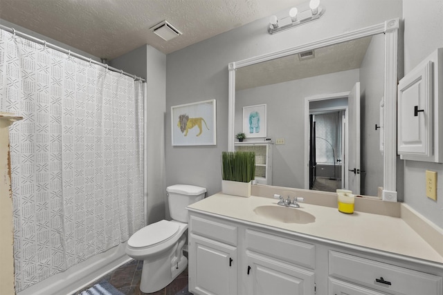 8515 Cold Lake Dr, Houston, TX 77088 - bathroom with a textured ceiling, toilet, vanity, and a shower with shower curtain