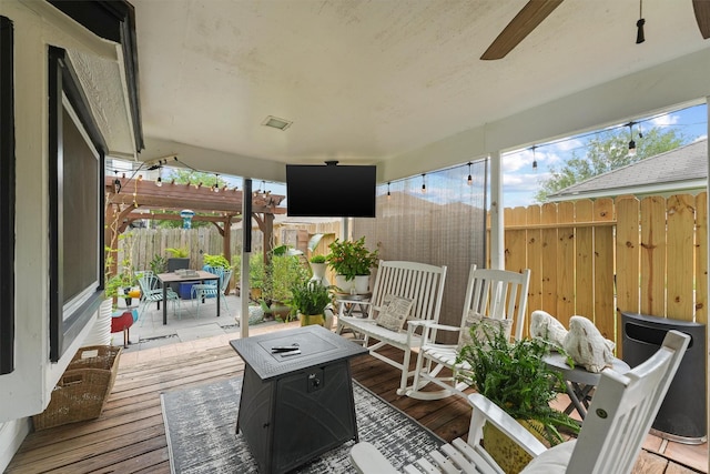 8515 Cold Lake Dr, Houston, TX 77088 - deck featuring outdoor dining area, a fenced backyard, and a pergola