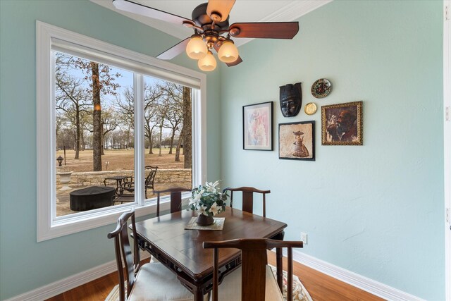 167 Saint Andrews Dr E, Mabank, TX 75156 - dining area featuring ceiling fan, baseboards, and wood finished floors