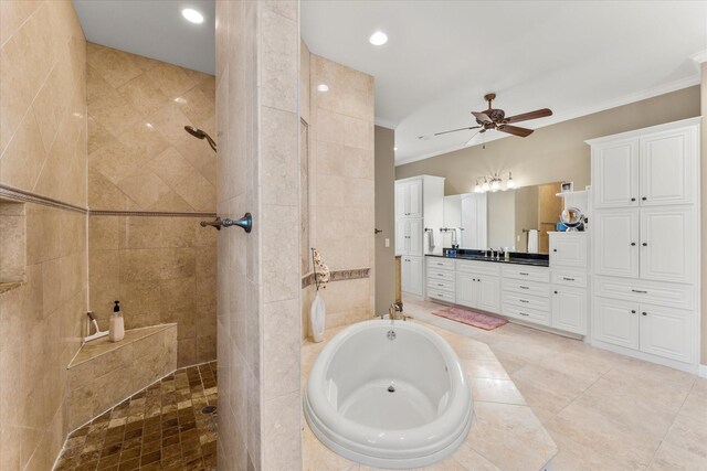 167 Saint Andrews Dr E, Mabank, TX 75156 - full bathroom with a walk in shower, crown molding, a ceiling fan, a garden tub, and vanity