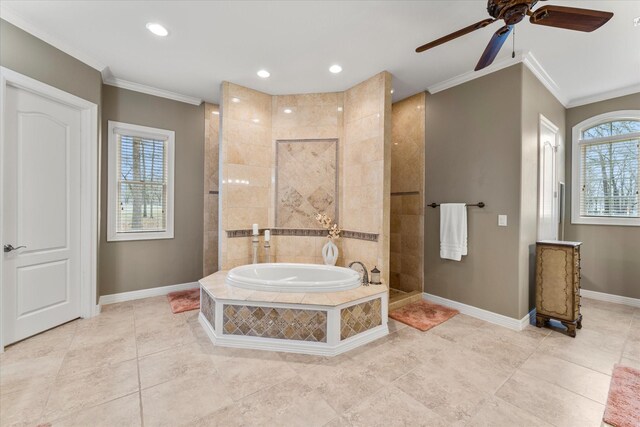 167 Saint Andrews Dr E, Mabank, TX 75156 - full bathroom with crown molding, a ceiling fan, a bath, baseboards, and walk in shower