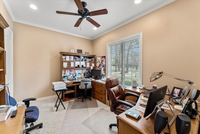 167 Saint Andrews Dr E, Mabank, TX 75156 - office featuring ceiling fan, ornamental molding, recessed lighting, carpet flooring, and baseboards