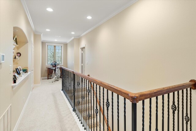 167 Saint Andrews Dr E, Mabank, TX 75156 - hall featuring recessed lighting, ornamental molding, baseboards, light colored carpet, and an upstairs landing