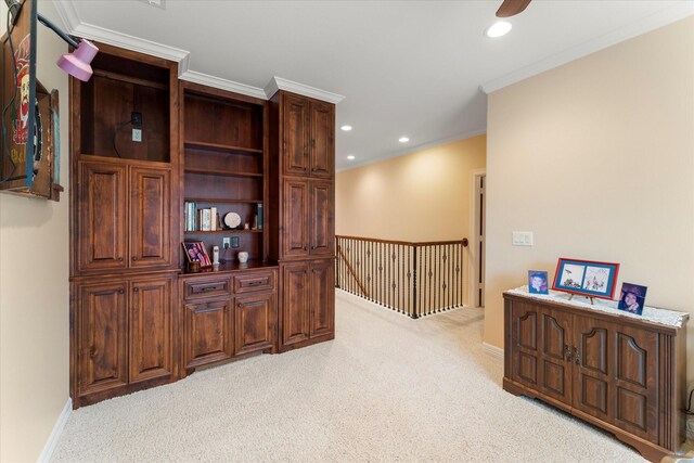 167 Saint Andrews Dr E, Mabank, TX 75156 - hall with light carpet, crown molding, recessed lighting, an upstairs landing, and baseboards
