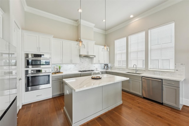 10756 Craighead Dr, Houston, TX 77025 - kitchen featuring stainless steel appliances, a sink, gray cabinetry, ornamental molding, and tasteful backsplash