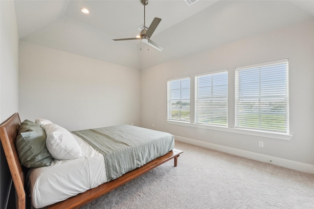 10756 Craighead Dr, Houston, TX 77025 - carpeted bedroom featuring baseboards, lofted ceiling, recessed lighting, and a ceiling fan