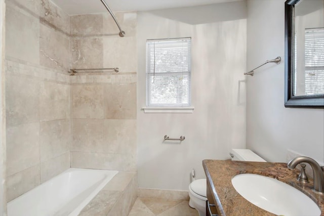 2102 Silver Moon Trl, Crosby, TX 77532 - bathroom with toilet, vanity, tub / shower combination, baseboards, and tile patterned floors