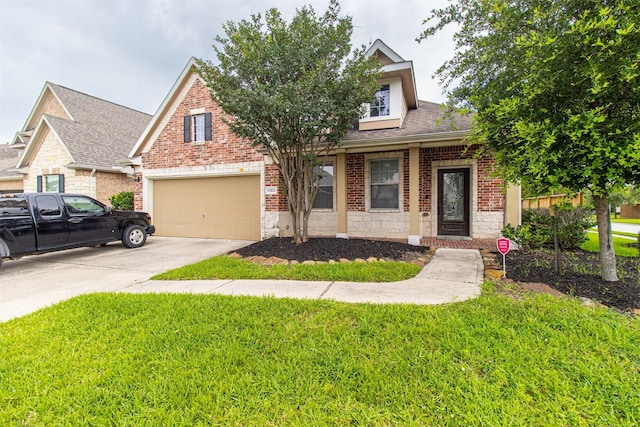15102 Dry Ridge Ct, Humble, TX 77346 - view of front facade featuring brick siding, driveway, a front lawn, a shingled roof, and stone siding