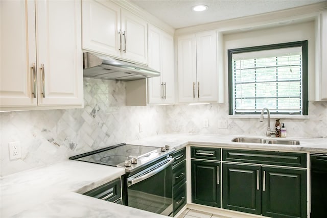 215 Edward Ln, Brenham, TX 77833 - kitchen featuring stainless steel range with electric cooktop, under cabinet range hood, a sink, black dishwasher, and white cabinets