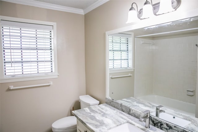 215 Edward Ln, Brenham, TX 77833 - bathroom with ornamental molding, a chandelier, toilet, and vanity