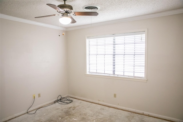215 Edward Ln, Brenham, TX 77833 - spare room with a textured ceiling, ceiling fan, ornamental molding, and baseboards