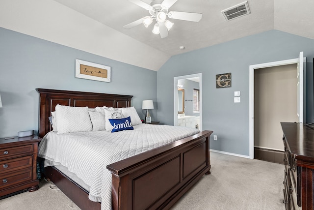 13617 Jasmine Creek Ln, Rosharon, TX 77583 - bedroom featuring light carpet, vaulted ceiling, connected bathroom, ceiling fan, and baseboards