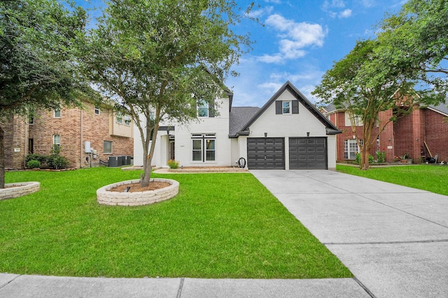 11027 Collingswood Dr, La Porte, TX 77571 - view of front of house with concrete driveway, a front yard, cooling unit, and brick siding