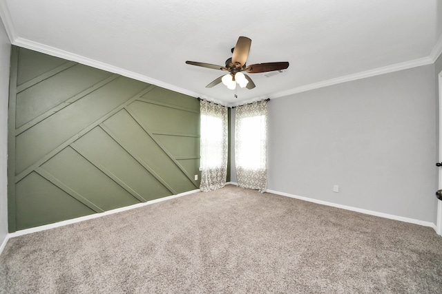 11027 Collingswood Dr, La Porte, TX 77571 - carpeted spare room featuring ornamental molding, ceiling fan, and baseboards