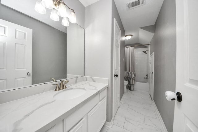 11027 Collingswood Dr, La Porte, TX 77571 - full bath with marble finish floors, baseboards, vanity, shower / tub combo with curtain, and toilet
