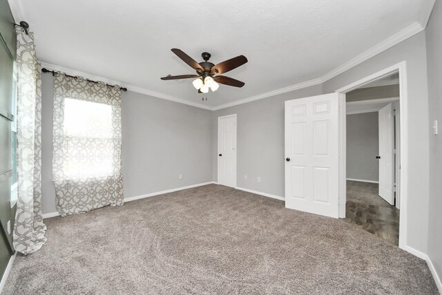 11027 Collingswood Dr, La Porte, TX 77571 - unfurnished bedroom with crown molding, carpet, baseboards, and a ceiling fan