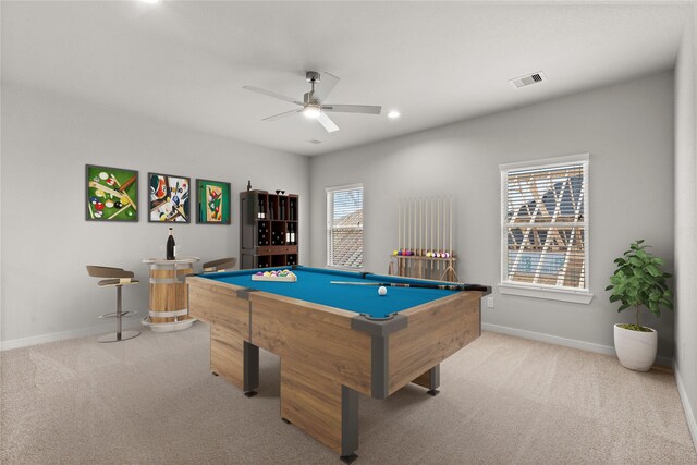 231 Upland Dr, Waller, TX 77484 - rec room with carpet floors, a ceiling fan, baseboards, billiards, and recessed lighting