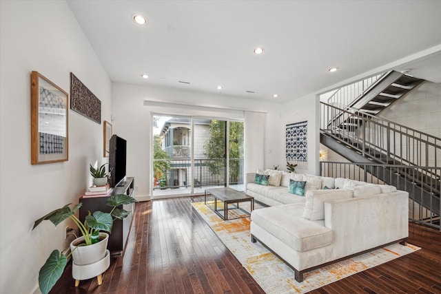 4812 Chenevert St Unit A, Houston, TX 77004 - living area with stairway, hardwood / wood-style floors, recessed lighting, and baseboards