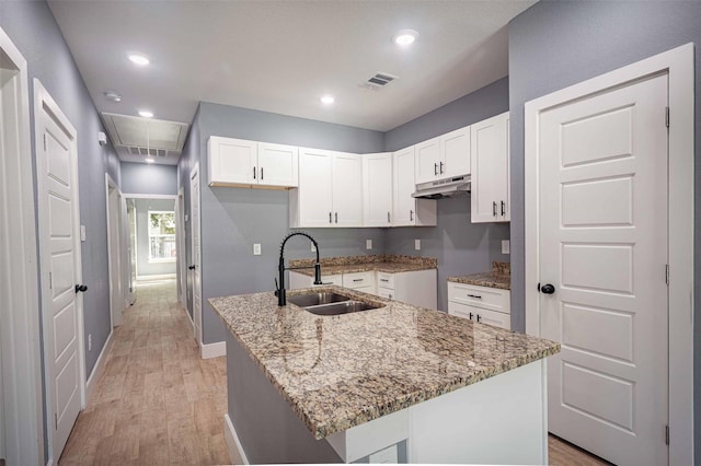 5714 Pershing St A/B, Unit A/B Houston, TX 77033 - kitchen featuring a sink, under cabinet range hood, light stone countertops, light wood-style floors, and recessed lighting