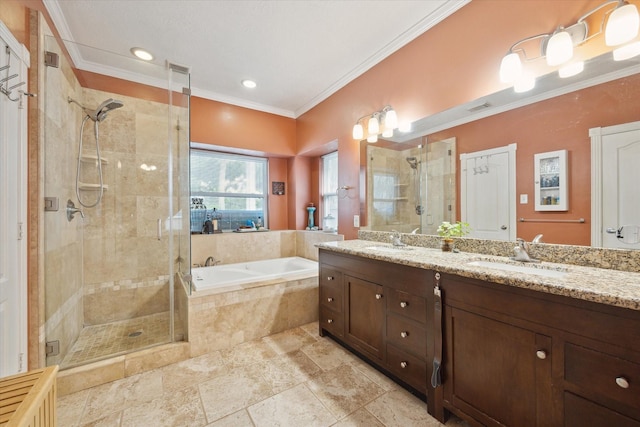 2326 Pin Hook Ct, Seabrook, TX 77586 - bathroom with a stall shower, a bath, crown molding, double vanity, and recessed lighting
