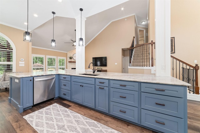 2260 Teas Crossing Dr, Conroe, TX 77304 - kitchen with stainless steel dishwasher, a sink, vaulted ceiling, dark wood-style floors, and light stone counters