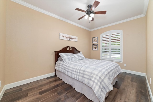 2260 Teas Crossing Dr, Conroe, TX 77304 - bedroom with crown molding, dark wood-style flooring, baseboards, and ceiling fan