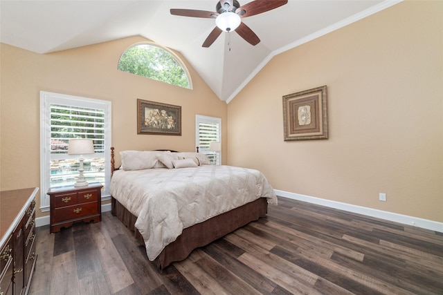 2260 Teas Crossing Dr, Conroe, TX 77304 - bedroom featuring vaulted ceiling, dark wood-style flooring, baseboards, and a ceiling fan
