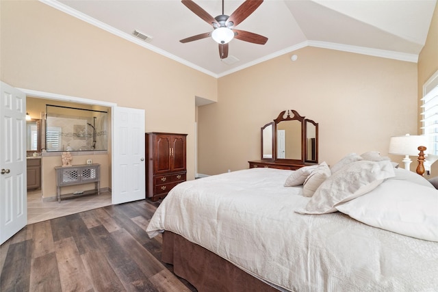 2260 Teas Crossing Dr, Conroe, TX 77304 - bedroom with dark wood-style flooring, crown molding, vaulted ceiling, and a ceiling fan