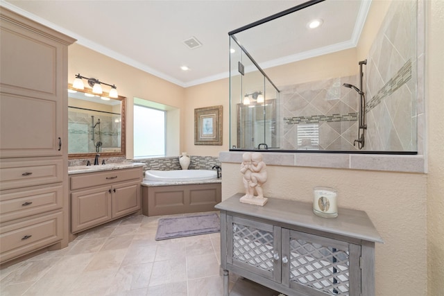 2260 Teas Crossing Dr, Conroe, TX 77304 - full bath with a stall shower, crown molding, a garden tub, vanity, and recessed lighting