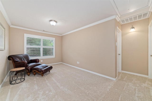 2260 Teas Crossing Dr, Conroe, TX 77304 - sitting room with attic access, carpet floors, baseboards, and ornamental molding