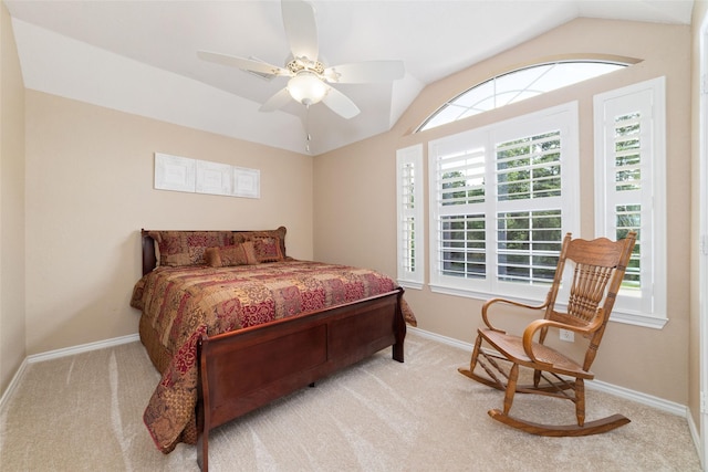 2260 Teas Crossing Dr, Conroe, TX 77304 - carpeted bedroom with lofted ceiling, baseboards, and a ceiling fan