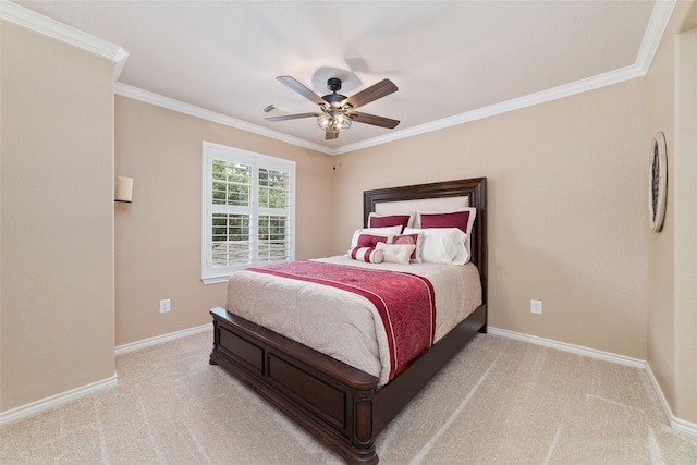 2260 Teas Crossing Dr, Conroe, TX 77304 - bedroom featuring baseboards, light colored carpet, crown molding, and a ceiling fan
