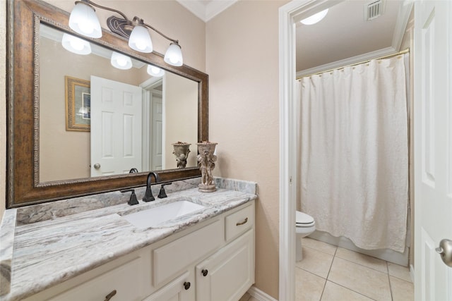 2260 Teas Crossing Dr, Conroe, TX 77304 - bathroom featuring tile patterned flooring, toilet, vanity, and ornamental molding
