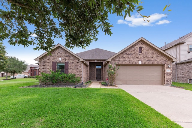 25219 Easton Ramsey Way, Richmond, TX 77406 - view of front of house featuring brick siding, a garage, a front lawn, concrete driveway, and roof with shingles