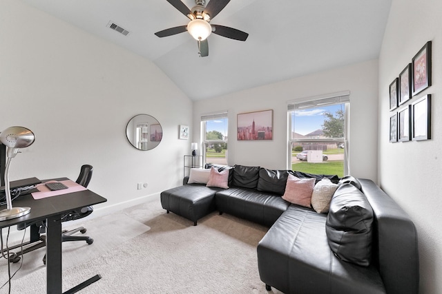 25219 Easton Ramsey Way, Richmond, TX 77406 - office area with carpet floors, vaulted ceiling, a ceiling fan, and baseboards