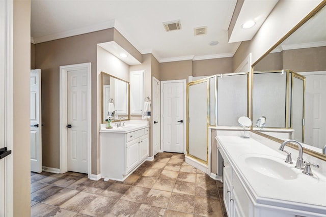 3919 Park Circle Way, Houston, TX 77059 - full bathroom with crown molding, a shower stall, two vanities, and baseboards