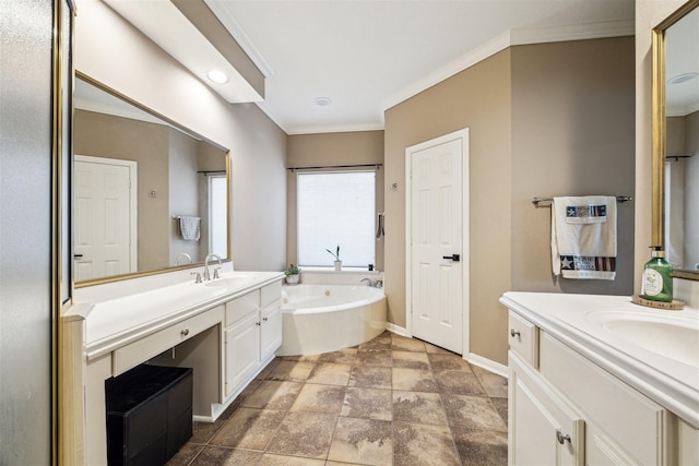 3919 Park Circle Way, Houston, TX 77059 - full bath featuring stone finish floors, two vanities, baseboards, a bath, and ornamental molding