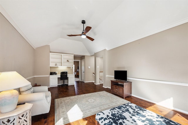 3919 Park Circle Way, Houston, TX 77059 - living room with ceiling fan, lofted ceiling, dark wood-style flooring, and baseboards