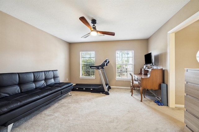 3919 Park Circle Way, Houston, TX 77059 - exercise room featuring carpet, a ceiling fan, and baseboards