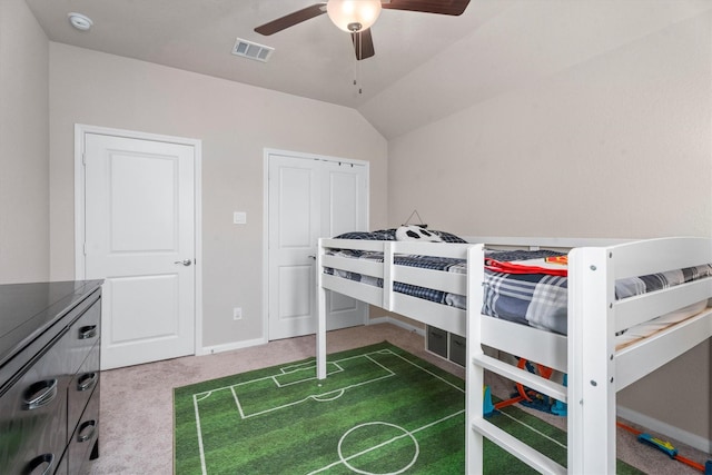 2221 Hay Field Ct, Conroe, TX 77384 - unfurnished bedroom featuring carpet flooring, baseboards, a ceiling fan, and vaulted ceiling