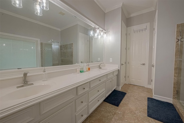 8807 Stones Throw Ln, Missouri City, TX 77459 - bathroom with a stall shower, ornamental molding, double vanity, and tile patterned flooring