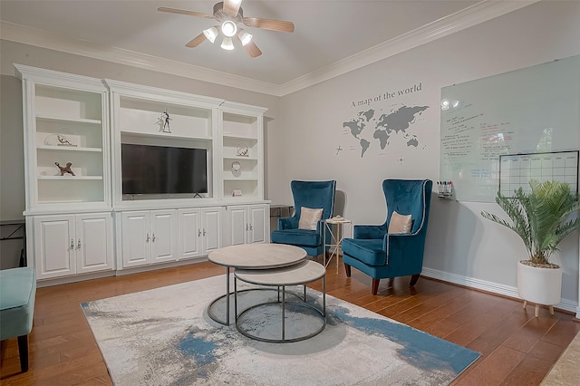 8807 Stones Throw Ln, Missouri City, TX 77459 - living area featuring wood-type flooring, ornamental molding, ceiling fan, and baseboards