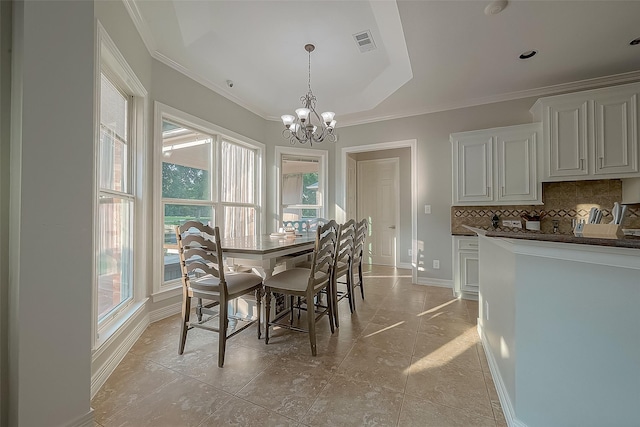 8807 Stones Throw Ln, Missouri City, TX 77459 - dining area with a chandelier, crown molding, baseboards, and light tile patterned floors