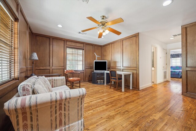 5135 Edloe St, Houston, TX 77005 - living room with recessed lighting, light wood-style flooring, ceiling fan, and baseboards