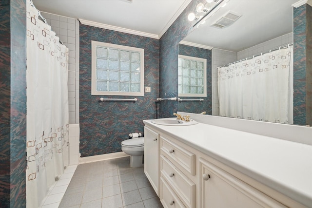 5135 Edloe St, Houston, TX 77005 - full bath with ornamental molding, tile patterned floors, toilet, curtained shower, and vanity