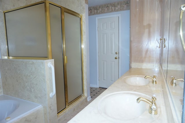 19710 Lowe St, Porter, TX 77365 - bathroom with a sink, a stall shower, a bath, and baseboards