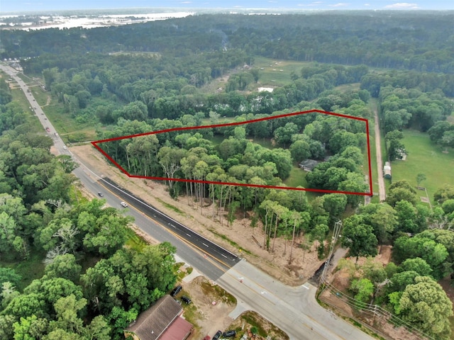 19710 Lowe St, Porter, TX 77365 - aerial view of property's location with a heavily wooded area, property parcel outlined, and a major roadway